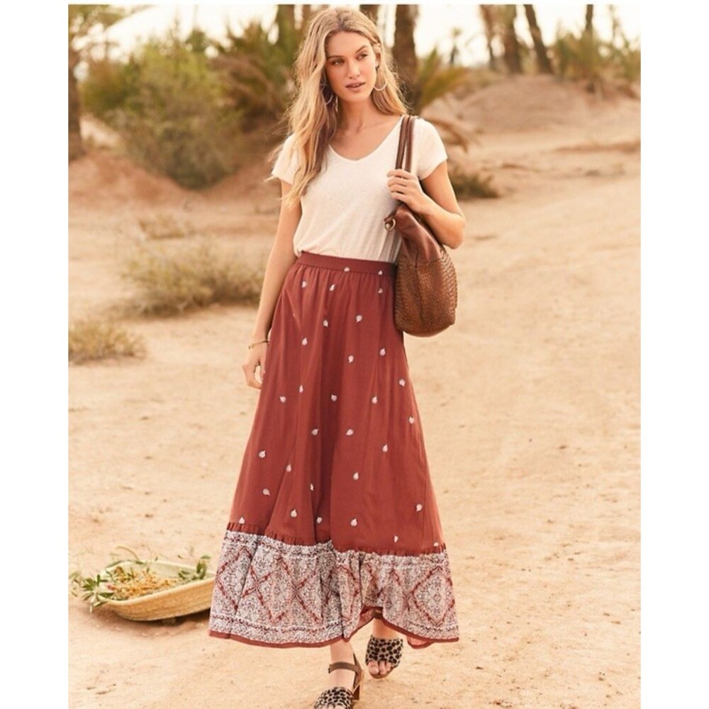 Garnet Hill Khadi Voile Maxi Skirt Organic Cotton Women Medium Rust Boho Gypsy